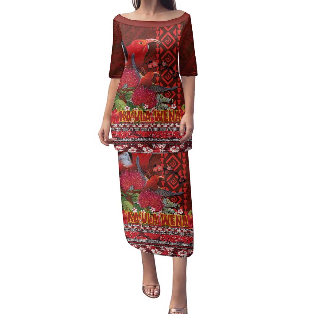 Hawaii KaUla Wena Iiwi Family Matching Puletasi and Hawaiian Shirt With Tropical Plants and 'Ohi'a lehua Kakau Art Tattoo LT03 Mom's Dress Red - Polynesian Pride
