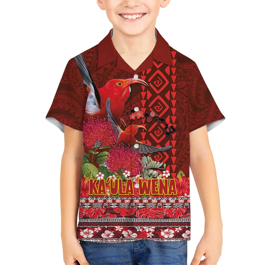 Hawaii KaUla Wena Iiwi Family Matching Puletasi and Hawaiian Shirt With Tropical Plants and 'Ohi'a lehua Kakau Art Tattoo LT03 Son's Shirt Red - Polynesian Pride