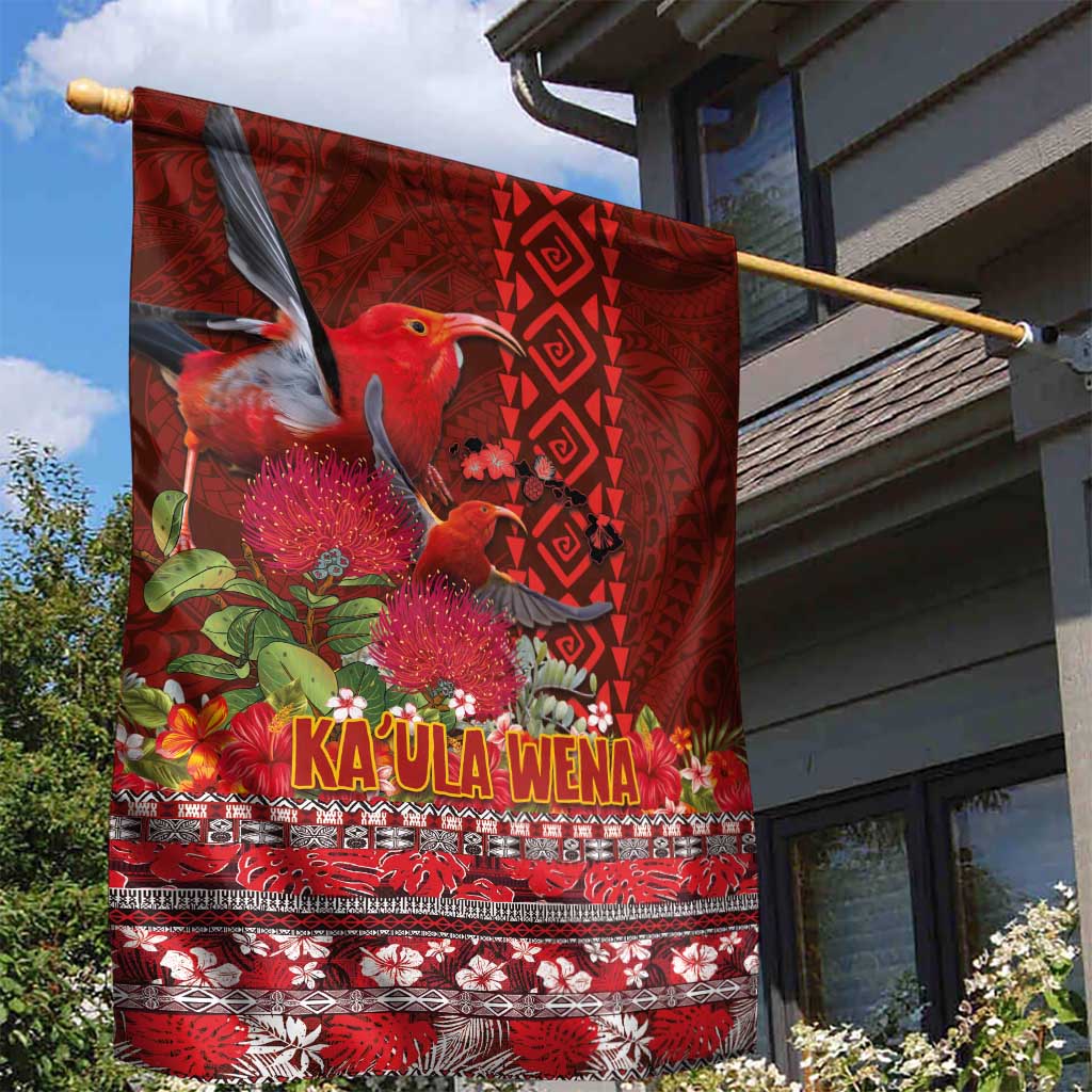 Hawaii KaUla Wena Iiwi Garden Flag With Tropical Plants and 'Ohi'a lehua Kakau Art Tattoo LT03 - Polynesian Pride
