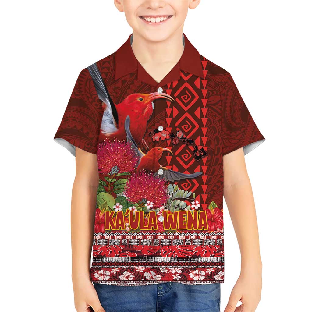 Hawaii KaUla Wena Iiwi Kid Hawaiian Shirt With Tropical Plants and 'Ohi'a lehua Kakau Art Tattoo LT03 Kid Red - Polynesian Pride