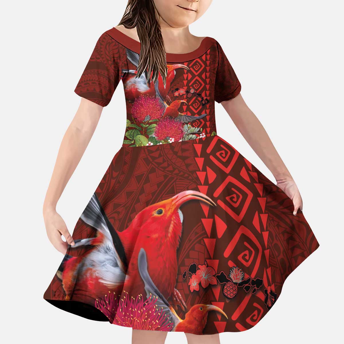 Hawaii KaUla Wena Iiwi Kid Short Sleeve Dress With Tropical Plants and 'Ohi'a lehua Kakau Art Tattoo LT03 KID Red - Polynesian Pride