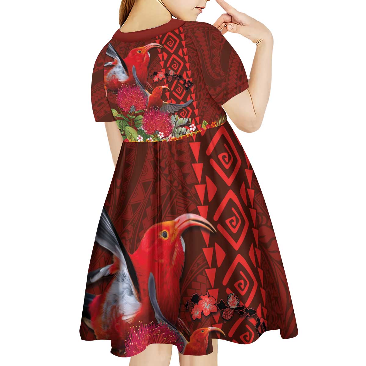 Hawaii KaUla Wena Iiwi Kid Short Sleeve Dress With Tropical Plants and 'Ohi'a lehua Kakau Art Tattoo LT03 - Polynesian Pride