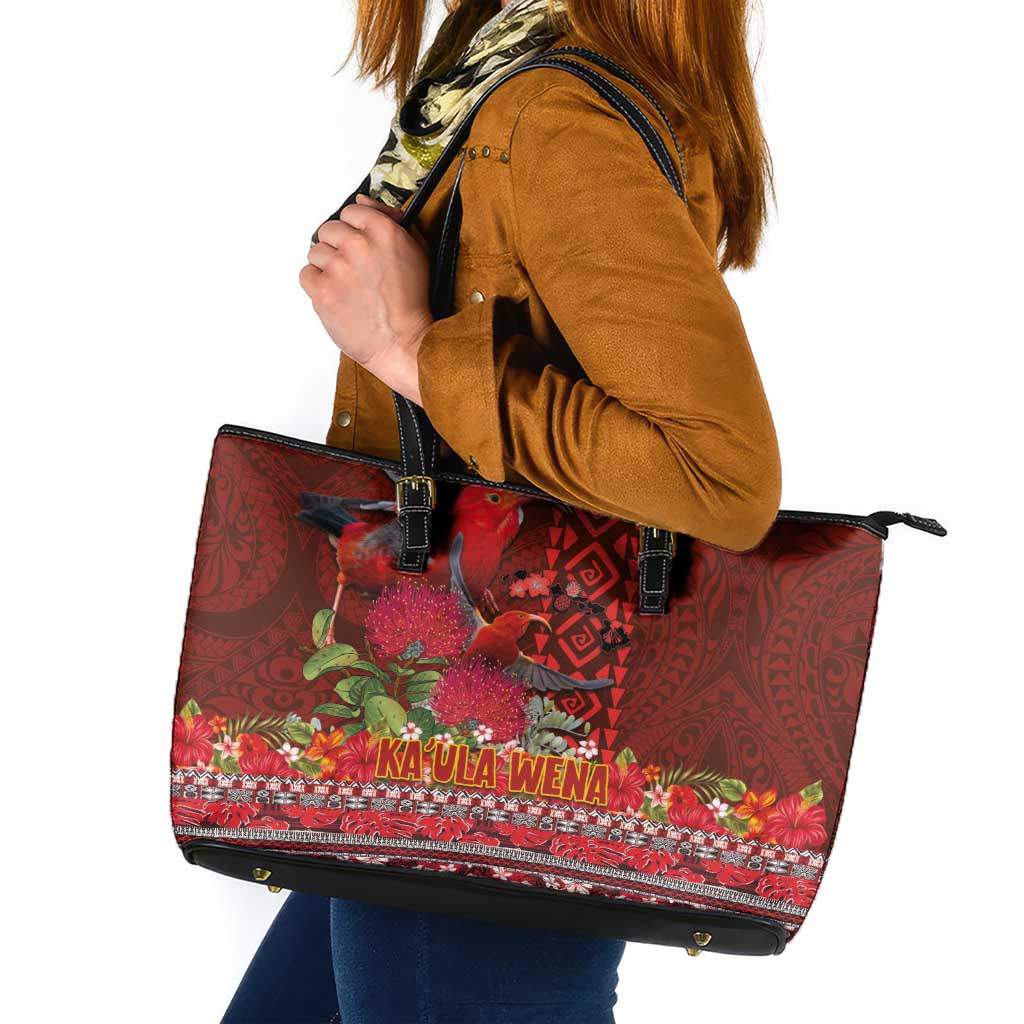 Hawaii KaUla Wena Iiwi Leather Tote Bag With Tropical Plants and 'Ohi'a lehua Kakau Art Tattoo LT03 Red - Polynesian Pride
