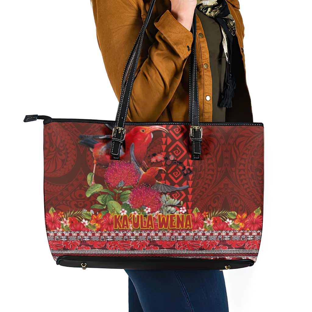 Hawaii KaUla Wena Iiwi Leather Tote Bag With Tropical Plants and 'Ohi'a lehua Kakau Art Tattoo LT03 - Polynesian Pride