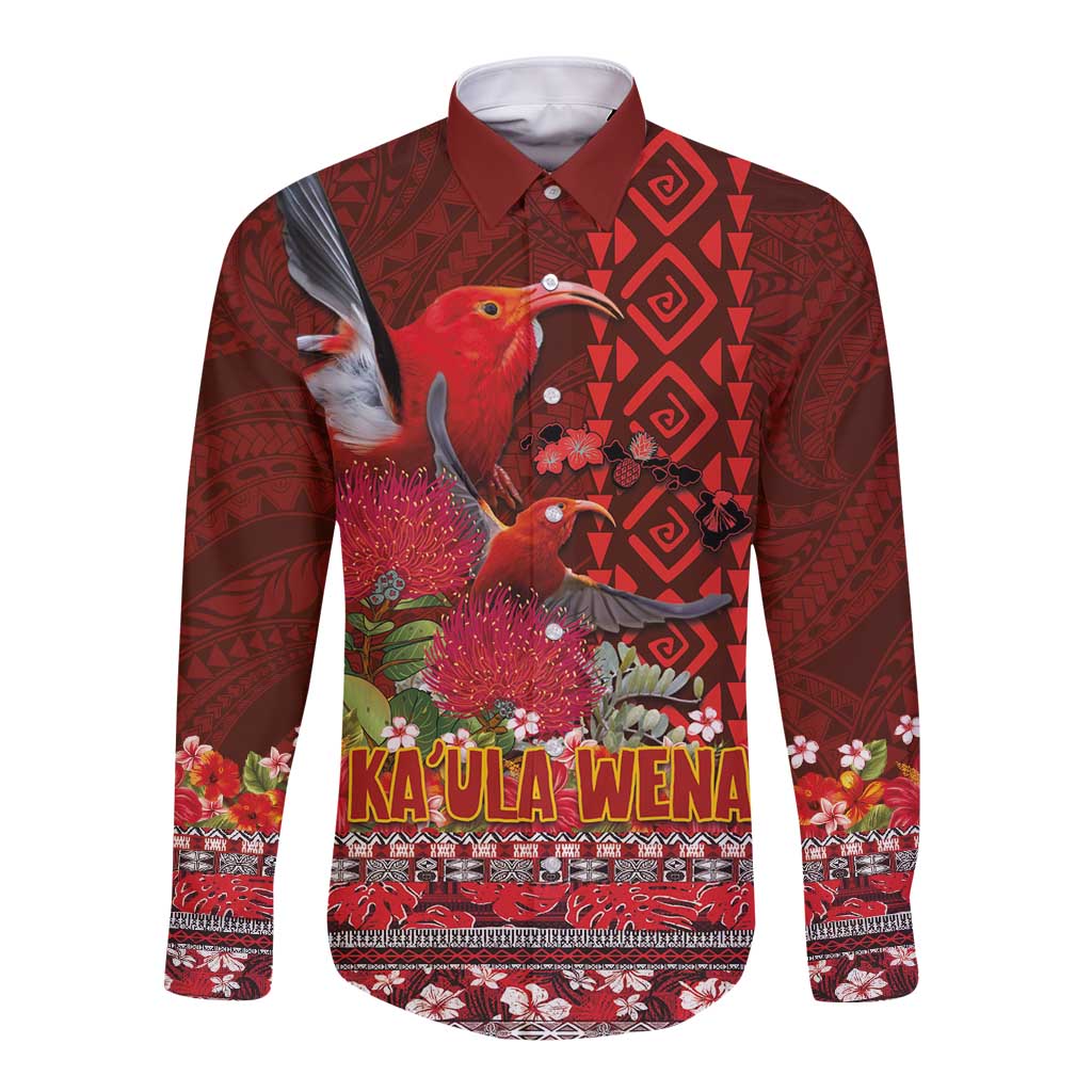 Hawaii KaUla Wena Iiwi Long Sleeve Button Shirt With Tropical Plants and 'Ohi'a lehua Kakau Art Tattoo LT03 Unisex Red - Polynesian Pride