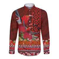 Hawaii KaUla Wena Iiwi Long Sleeve Button Shirt With Tropical Plants and 'Ohi'a lehua Kakau Art Tattoo LT03 Unisex Red - Polynesian Pride