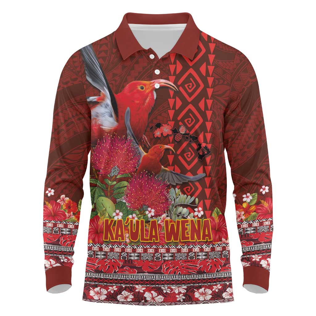 Hawaii KaUla Wena Iiwi Long Sleeve Polo Shirt With Tropical Plants and 'Ohi'a lehua Kakau Art Tattoo LT03 Red - Polynesian Pride