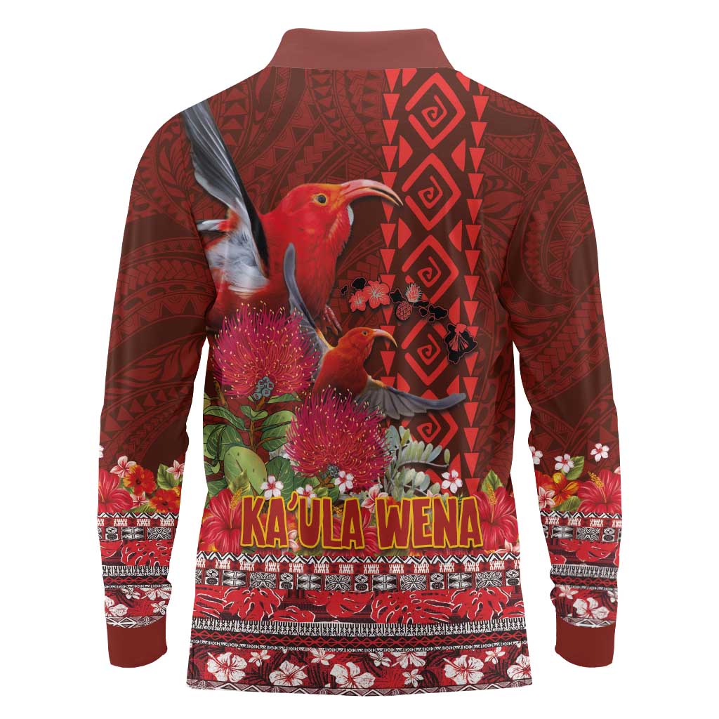 Hawaii KaUla Wena Iiwi Long Sleeve Polo Shirt With Tropical Plants and 'Ohi'a lehua Kakau Art Tattoo LT03 - Polynesian Pride