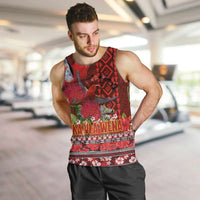 Hawaii KaUla Wena Iiwi Men Tank Top With Tropical Plants and 'Ohi'a lehua Kakau Art Tattoo LT03 Red - Polynesian Pride