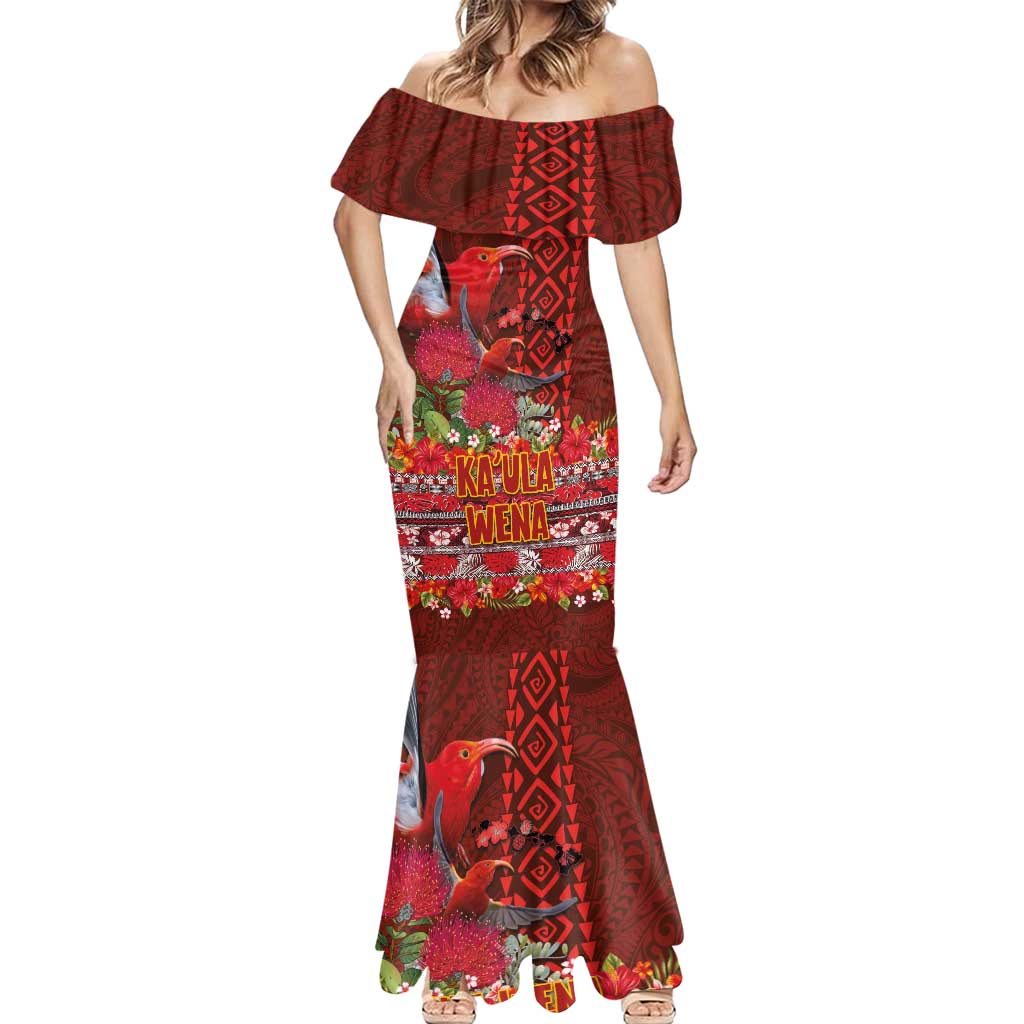 Hawaii KaUla Wena Iiwi Mermaid Dress With Tropical Plants and 'Ohi'a lehua Kakau Art Tattoo LT03 - Polynesian Pride