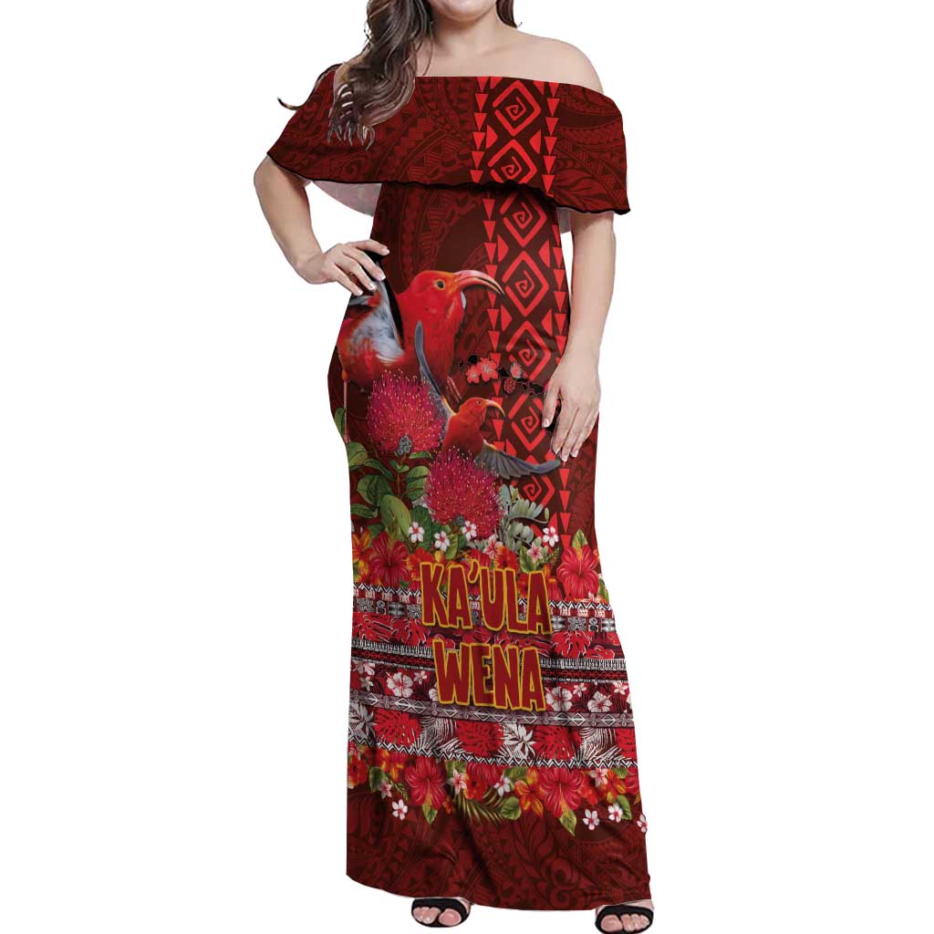 Hawaii KaUla Wena Iiwi Off Shoulder Maxi Dress With Tropical Plants and 'Ohi'a lehua Kakau Art Tattoo LT03 Women Red - Polynesian Pride