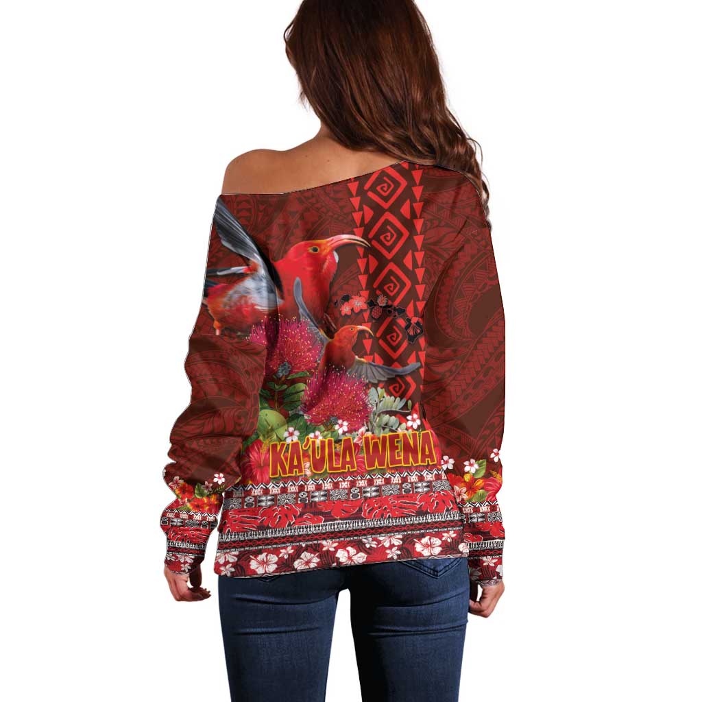 Hawaii KaUla Wena Iiwi Off Shoulder Sweater With Tropical Plants and 'Ohi'a lehua Kakau Art Tattoo LT03 - Polynesian Pride
