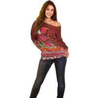 Hawaii KaUla Wena Iiwi Off Shoulder Sweater With Tropical Plants and 'Ohi'a lehua Kakau Art Tattoo LT03 - Polynesian Pride