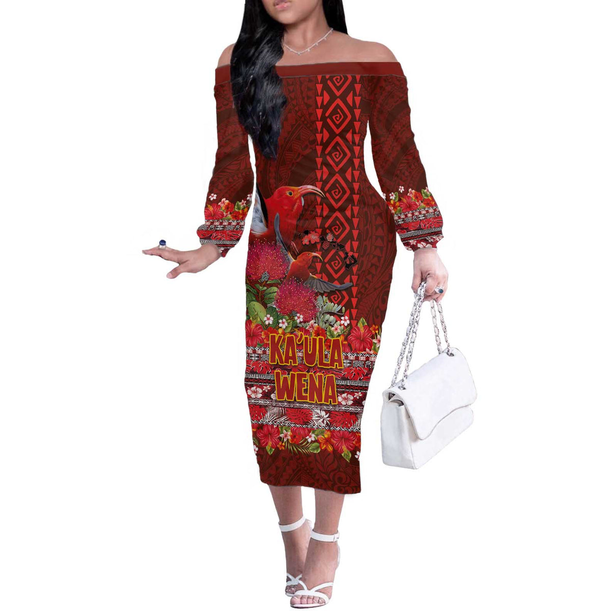 Hawaii KaUla Wena Iiwi Off The Shoulder Long Sleeve Dress With Tropical Plants and 'Ohi'a lehua Kakau Art Tattoo LT03 Women Red - Polynesian Pride