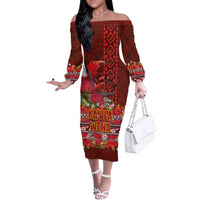 Hawaii KaUla Wena Iiwi Off The Shoulder Long Sleeve Dress With Tropical Plants and 'Ohi'a lehua Kakau Art Tattoo LT03 Women Red - Polynesian Pride