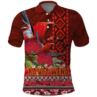 Hawaii KaUla Wena Iiwi Polo Shirt With Tropical Plants and 'Ohi'a lehua Kakau Art Tattoo LT03 Red - Polynesian Pride