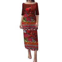 Hawaii KaUla Wena Iiwi Puletasi With Tropical Plants and 'Ohi'a lehua Kakau Art Tattoo LT03 Long Dress Red - Polynesian Pride