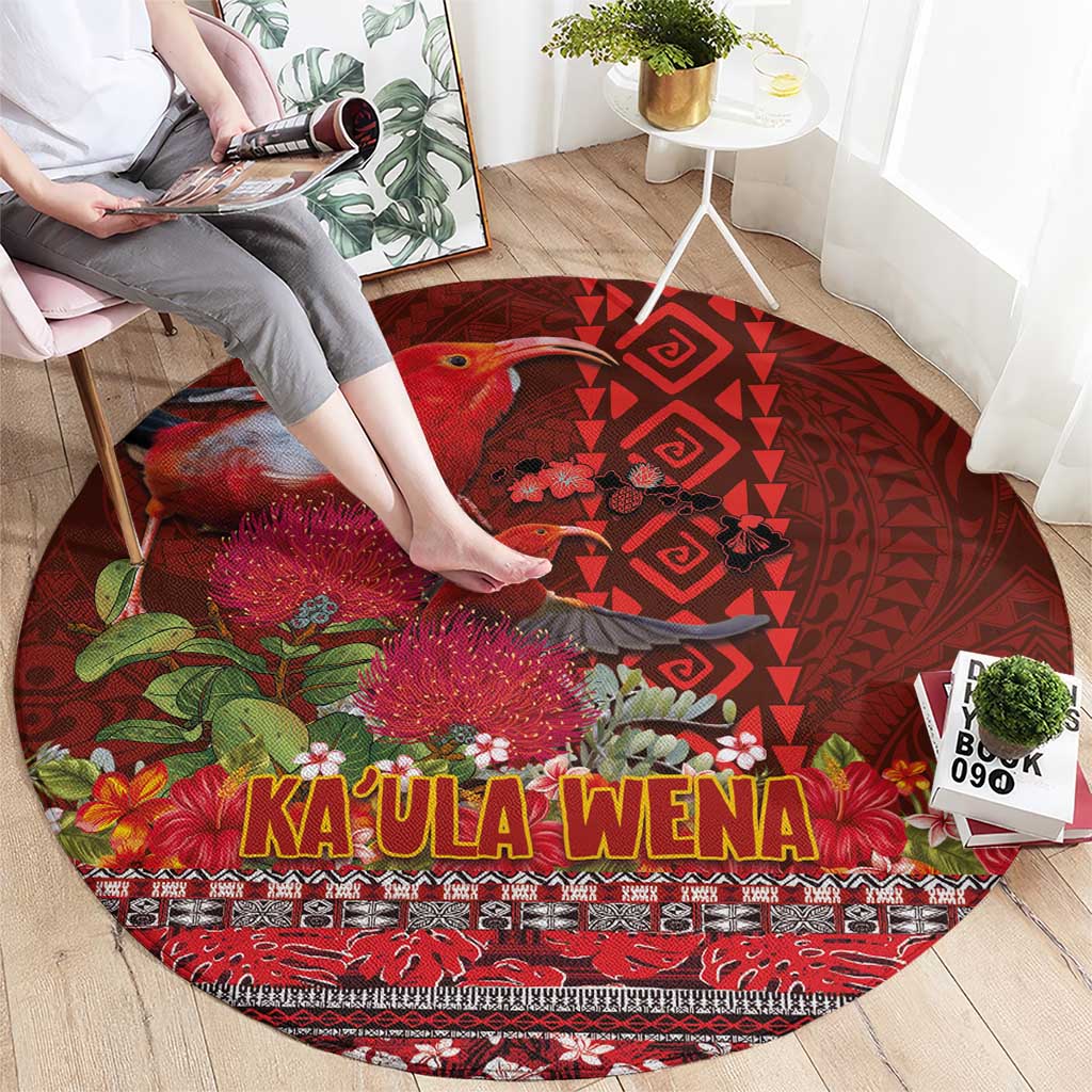 Hawaii KaUla Wena Iiwi Round Carpet With Tropical Plants and 'Ohi'a lehua Kakau Art Tattoo LT03 - Polynesian Pride