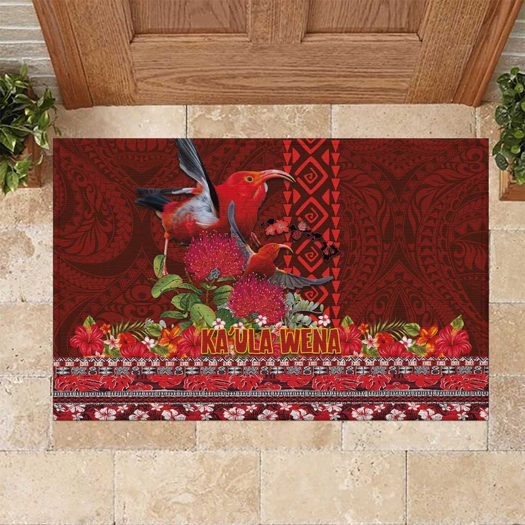 Hawaii KaUla Wena Iiwi Rubber Doormat With Tropical Plants and 'Ohi'a lehua Kakau Art Tattoo LT03 Red - Polynesian Pride