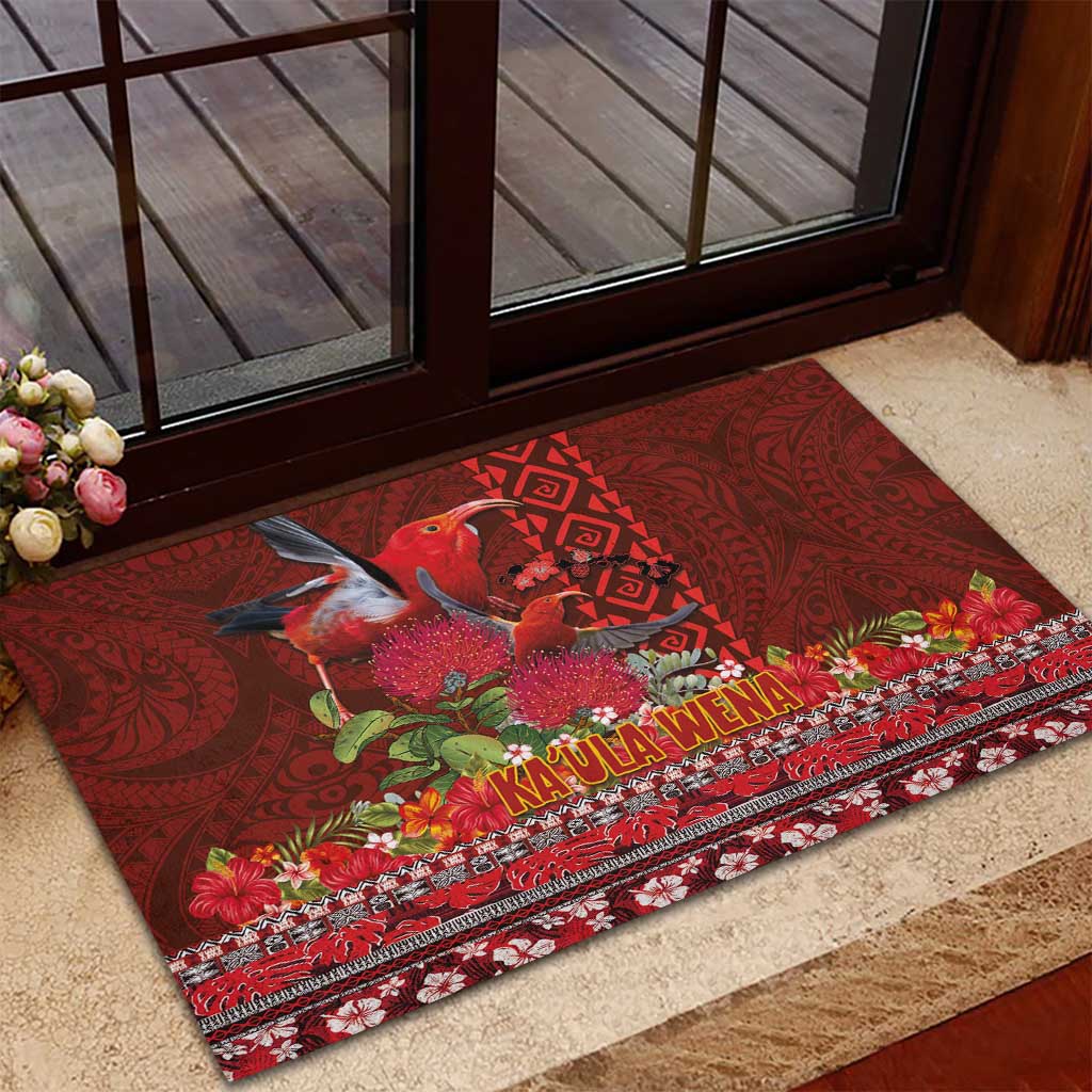Hawaii KaUla Wena Iiwi Rubber Doormat With Tropical Plants and 'Ohi'a lehua Kakau Art Tattoo LT03 - Polynesian Pride