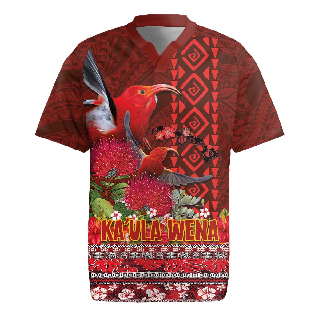 Hawaii KaUla Wena Iiwi Rugby Jersey With Tropical Plants and 'Ohi'a lehua Kakau Art Tattoo LT03 Red - Polynesian Pride