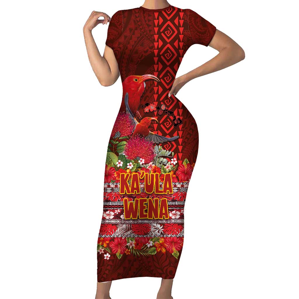 Hawaii KaUla Wena Iiwi Short Sleeve Bodycon Dress With Tropical Plants and 'Ohi'a lehua Kakau Art Tattoo LT03 Long Dress Red - Polynesian Pride