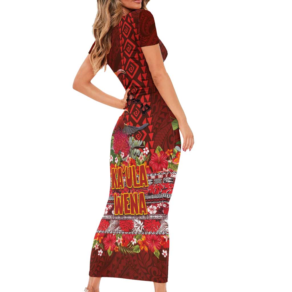 Hawaii KaUla Wena Iiwi Short Sleeve Bodycon Dress With Tropical Plants and 'Ohi'a lehua Kakau Art Tattoo LT03 - Polynesian Pride
