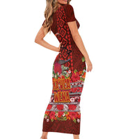 Hawaii KaUla Wena Iiwi Short Sleeve Bodycon Dress With Tropical Plants and 'Ohi'a lehua Kakau Art Tattoo LT03 - Polynesian Pride