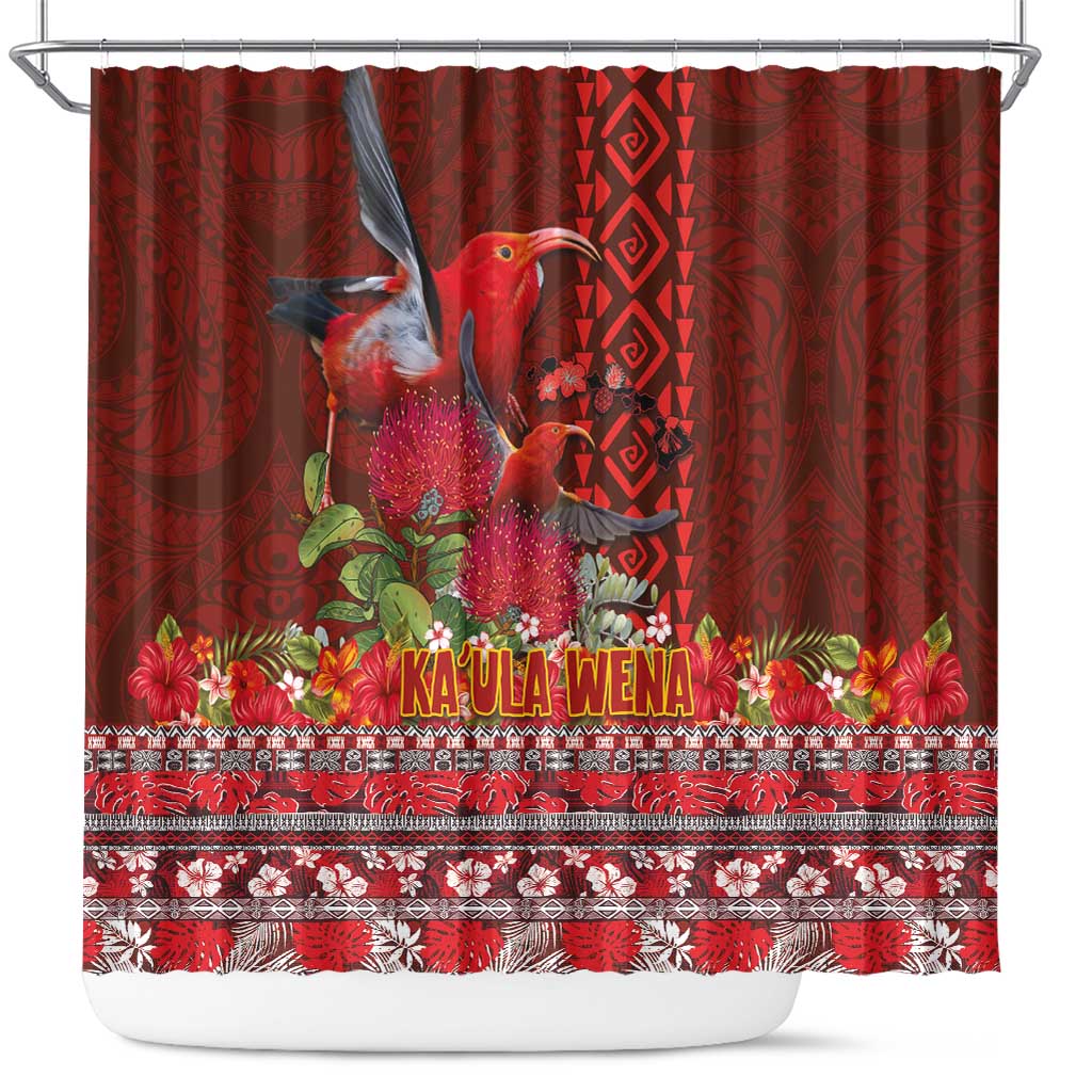 Hawaii KaUla Wena Iiwi Shower Curtain With Tropical Plants and 'Ohi'a lehua Kakau Art Tattoo LT03 Red - Polynesian Pride