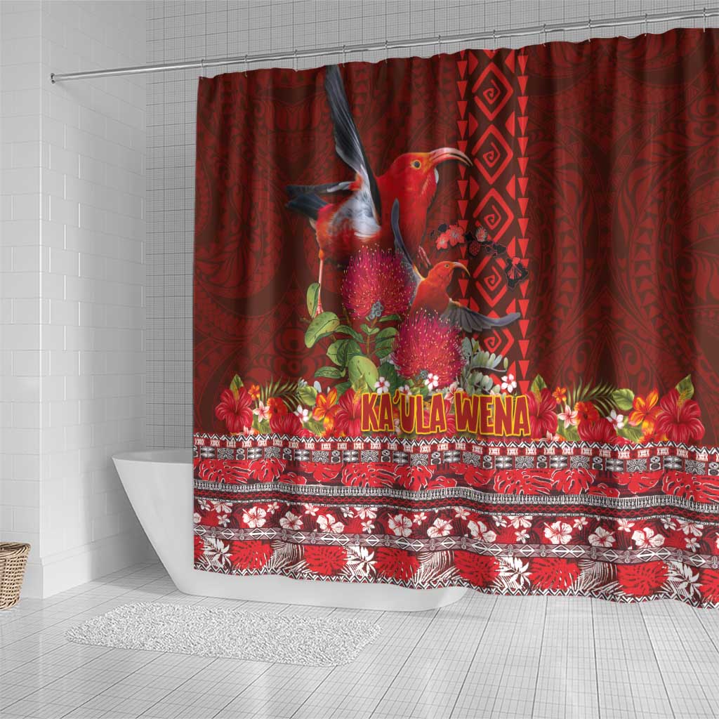 Hawaii KaUla Wena Iiwi Shower Curtain With Tropical Plants and 'Ohi'a lehua Kakau Art Tattoo LT03 - Polynesian Pride