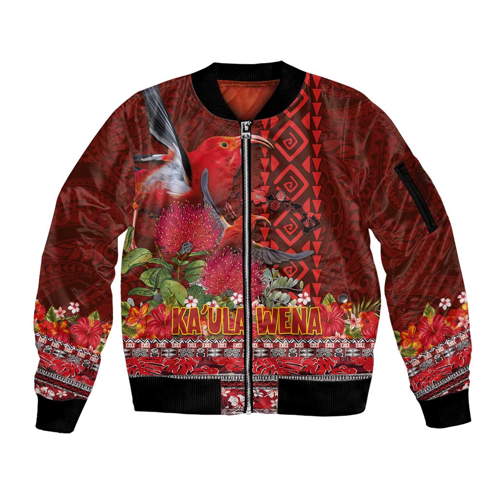 Hawaii KaUla Wena Iiwi Sleeve Zip Bomber Jacket With Tropical Plants and 'Ohi'a lehua Kakau Art Tattoo LT03 Unisex Red - Polynesian Pride