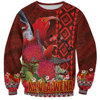 Hawaii KaUla Wena Iiwi Sweatshirt With Tropical Plants and 'Ohi'a lehua Kakau Art Tattoo LT03 Unisex Red - Polynesian Pride