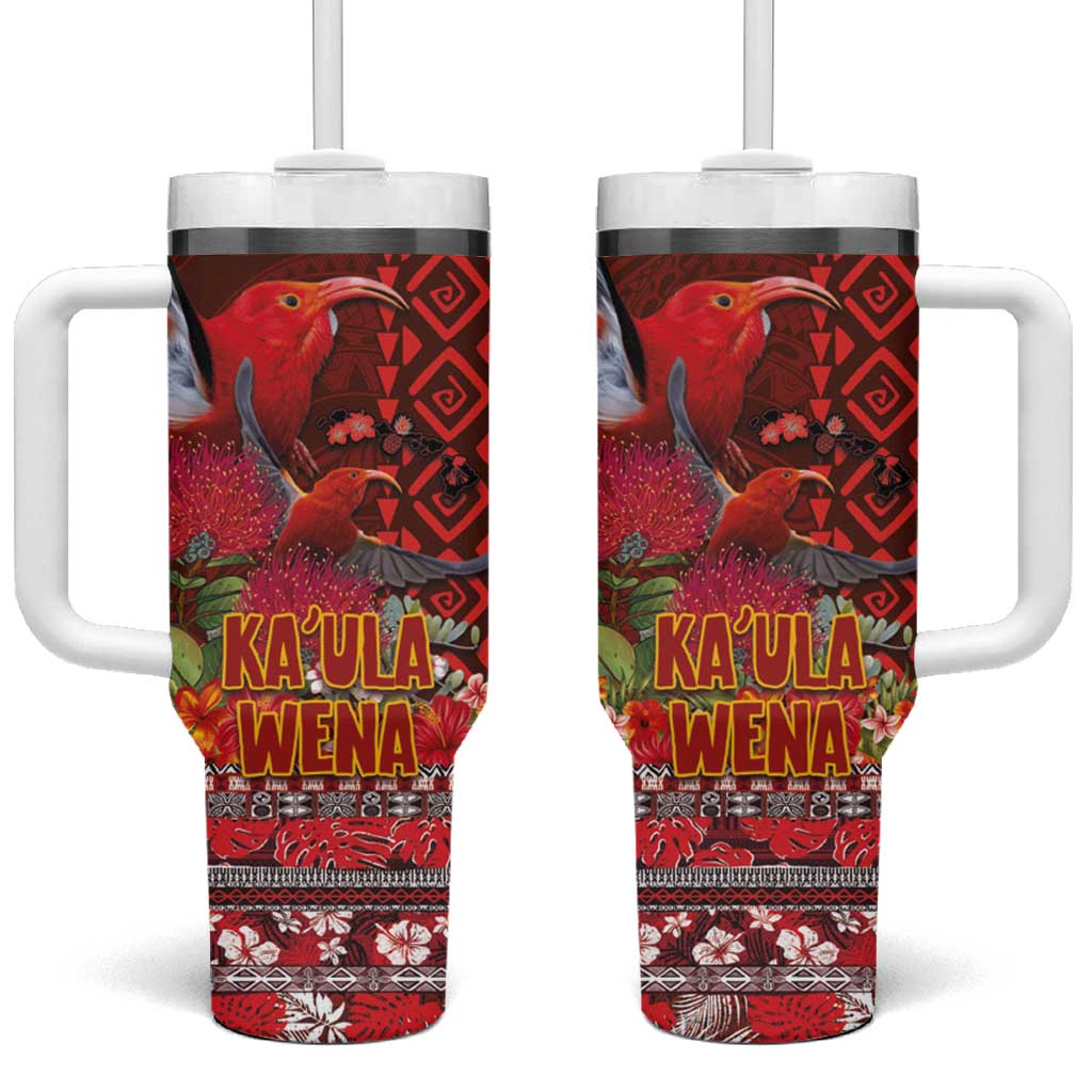 Hawaii KaUla Wena Iiwi Tumbler With Handle With Tropical Plants and 'Ohi'a lehua Kakau Art Tattoo LT03 One Size: 40 oz Red - Polynesian Pride