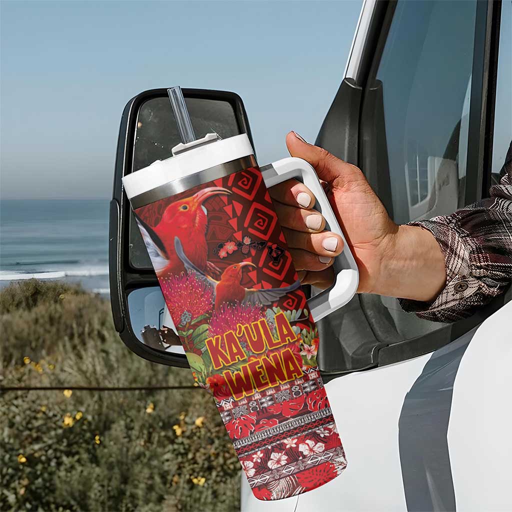 Hawaii KaUla Wena Iiwi Tumbler With Handle With Tropical Plants and 'Ohi'a lehua Kakau Art Tattoo LT03 - Polynesian Pride