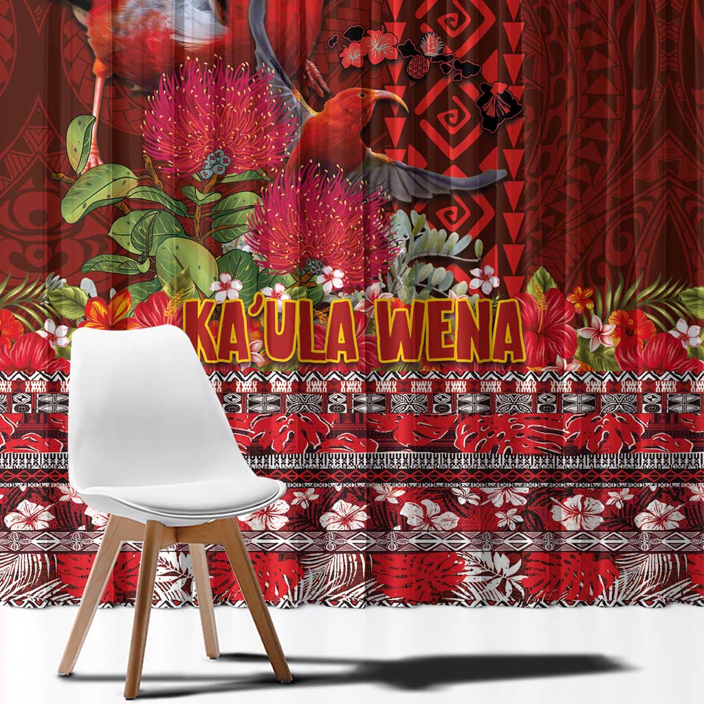 Hawaii KaUla Wena Iiwi Window Curtain With Tropical Plants and 'Ohi'a lehua Kakau Art Tattoo LT03 - Polynesian Pride