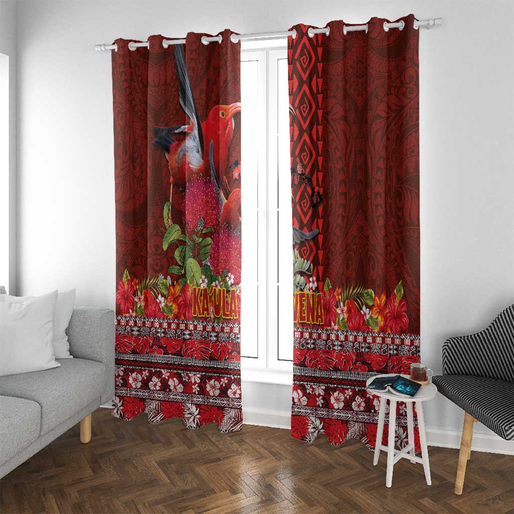Hawaii KaUla Wena Iiwi Window Curtain With Tropical Plants and 'Ohi'a lehua Kakau Art Tattoo LT03 With Grommets Red - Polynesian Pride