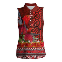 Hawaii KaUla Wena Iiwi Women Sleeveless Polo Shirt With Tropical Plants and 'Ohi'a lehua Kakau Art Tattoo LT03 Female Red - Polynesian Pride