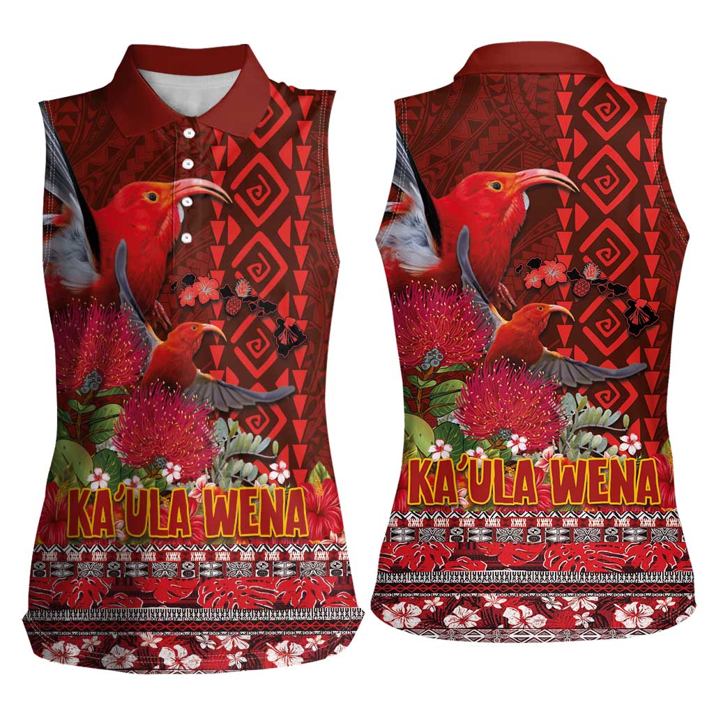 Hawaii KaUla Wena Iiwi Women Sleeveless Polo Shirt With Tropical Plants and 'Ohi'a lehua Kakau Art Tattoo LT03 - Polynesian Pride