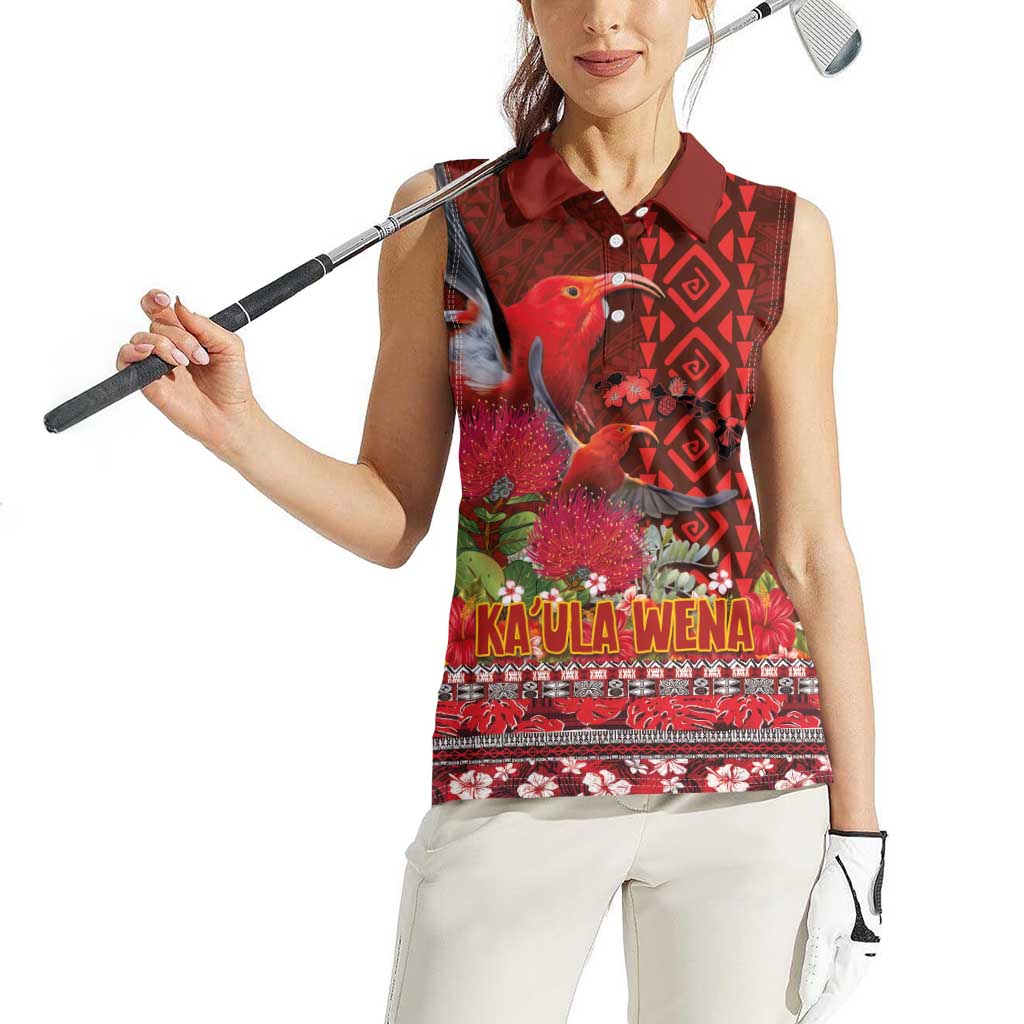 Hawaii KaUla Wena Iiwi Women Sleeveless Polo Shirt With Tropical Plants and 'Ohi'a lehua Kakau Art Tattoo LT03 - Polynesian Pride