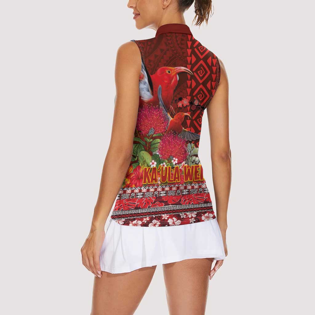 Hawaii KaUla Wena Iiwi Women Sleeveless Polo Shirt With Tropical Plants and 'Ohi'a lehua Kakau Art Tattoo LT03 - Polynesian Pride