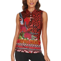 Hawaii KaUla Wena Iiwi Women Sleeveless Polo Shirt With Tropical Plants and 'Ohi'a lehua Kakau Art Tattoo LT03 - Polynesian Pride