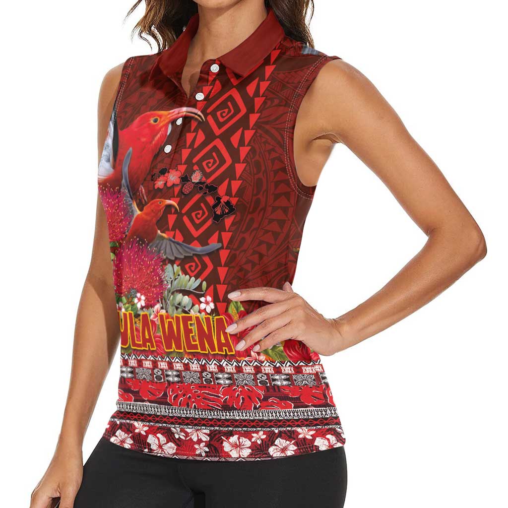 Hawaii KaUla Wena Iiwi Women Sleeveless Polo Shirt With Tropical Plants and 'Ohi'a lehua Kakau Art Tattoo LT03 - Polynesian Pride