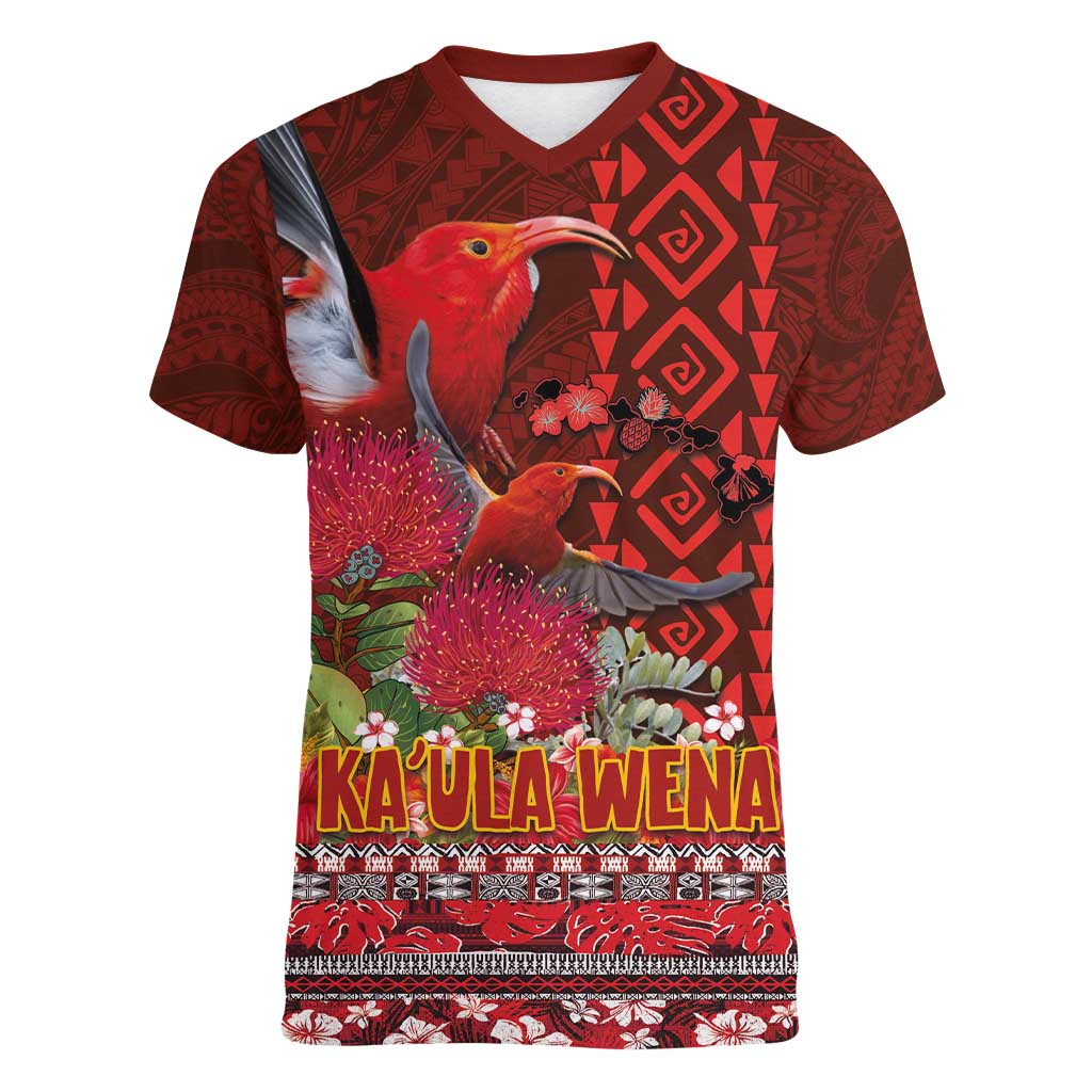 Hawaii KaUla Wena Iiwi Women V-Neck T-Shirt With Tropical Plants and 'Ohi'a lehua Kakau Art Tattoo LT03 Female Red - Polynesian Pride