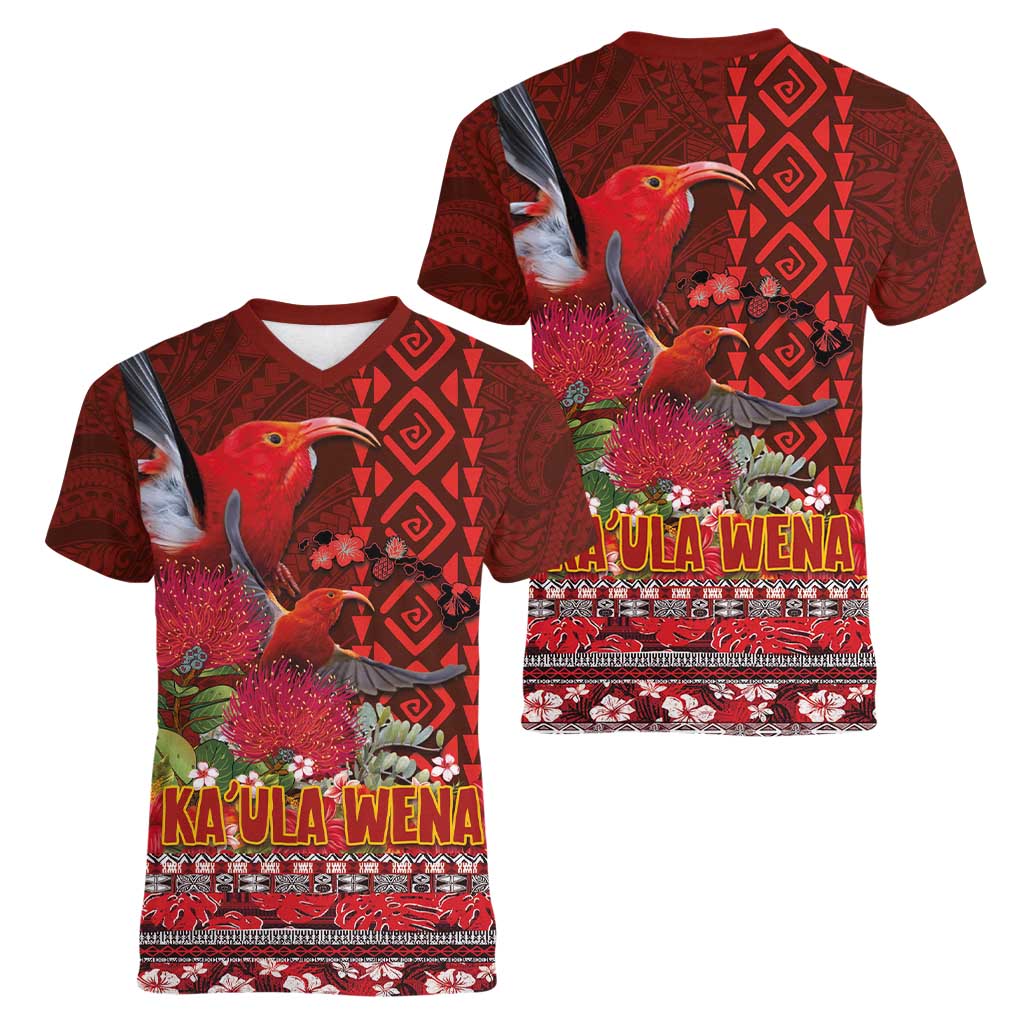 Hawaii KaUla Wena Iiwi Women V-Neck T-Shirt With Tropical Plants and 'Ohi'a lehua Kakau Art Tattoo LT03 - Polynesian Pride
