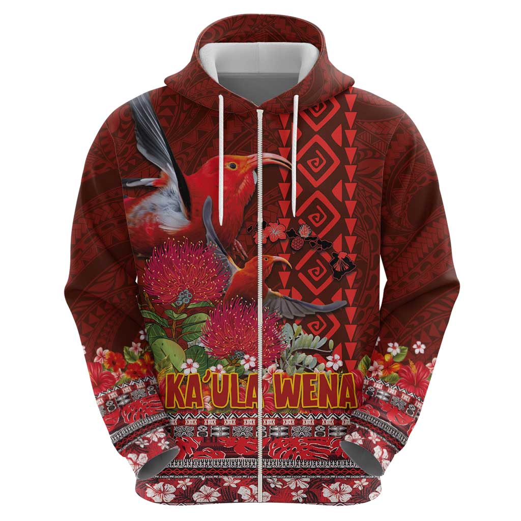 Hawaii KaUla Wena Iiwi Zip Hoodie With Tropical Plants and 'Ohi'a lehua Kakau Art Tattoo LT03 - Polynesian Pride