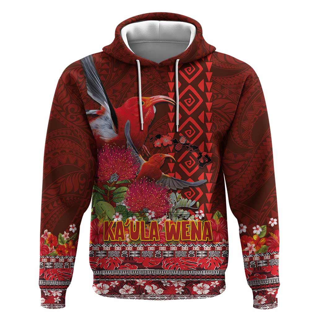 Hawaii KaUla Wena Iiwi Zip Hoodie With Tropical Plants and 'Ohi'a lehua Kakau Art Tattoo LT03 Pullover Hoodie Red - Polynesian Pride