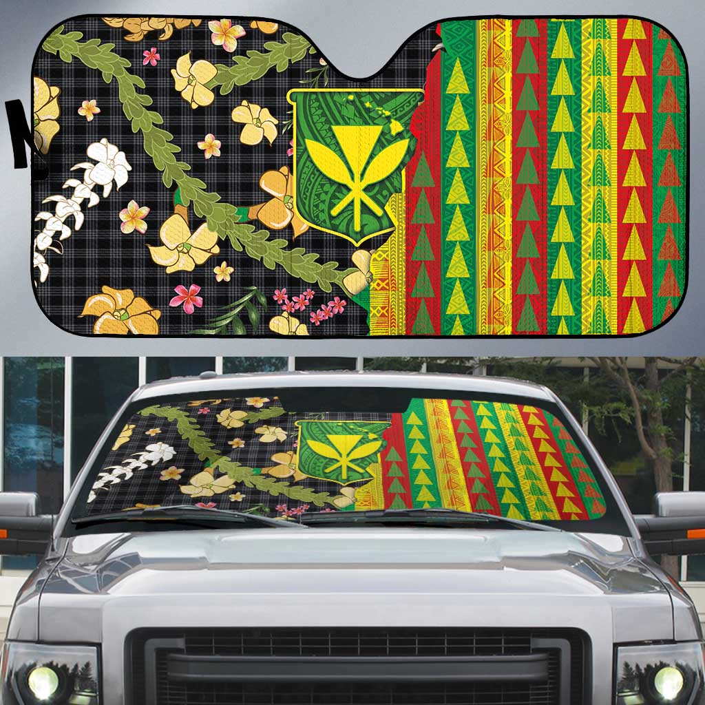 Hawaiian Tropical Plants Lei Auto Sun Shade Kanaka Maoli Tribal with Palaka Motifs LT03 Multicolor - Polynesian Pride