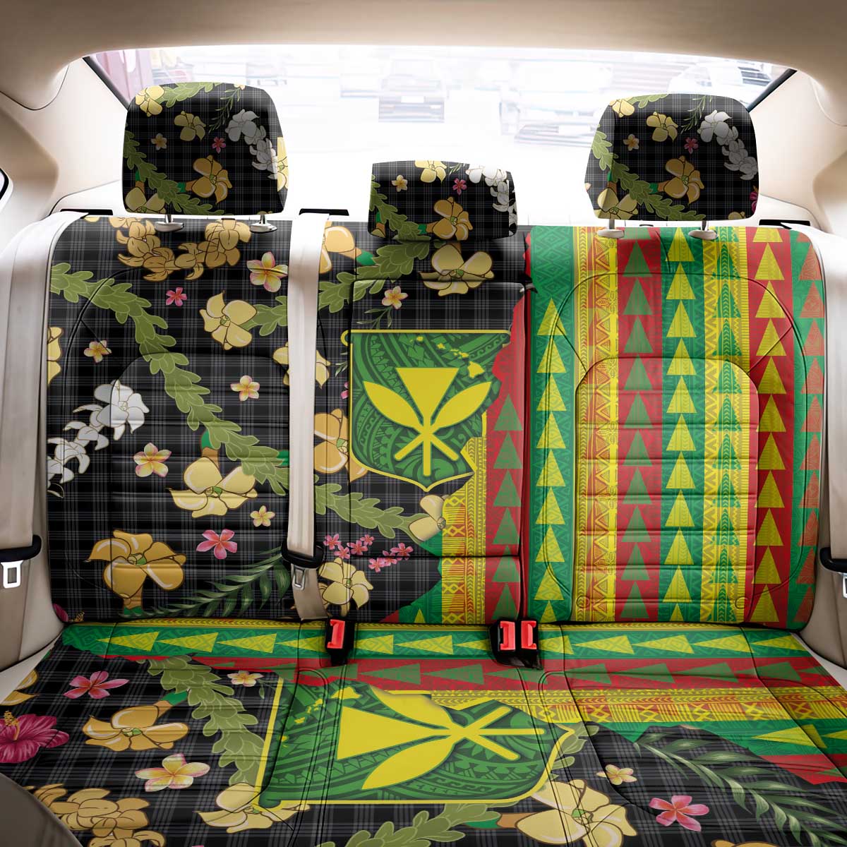 Hawaiian Tropical Plants Lei Back Car Seat Cover Kanaka Maoli Tribal with Palaka Motifs LT03 - Polynesian Pride