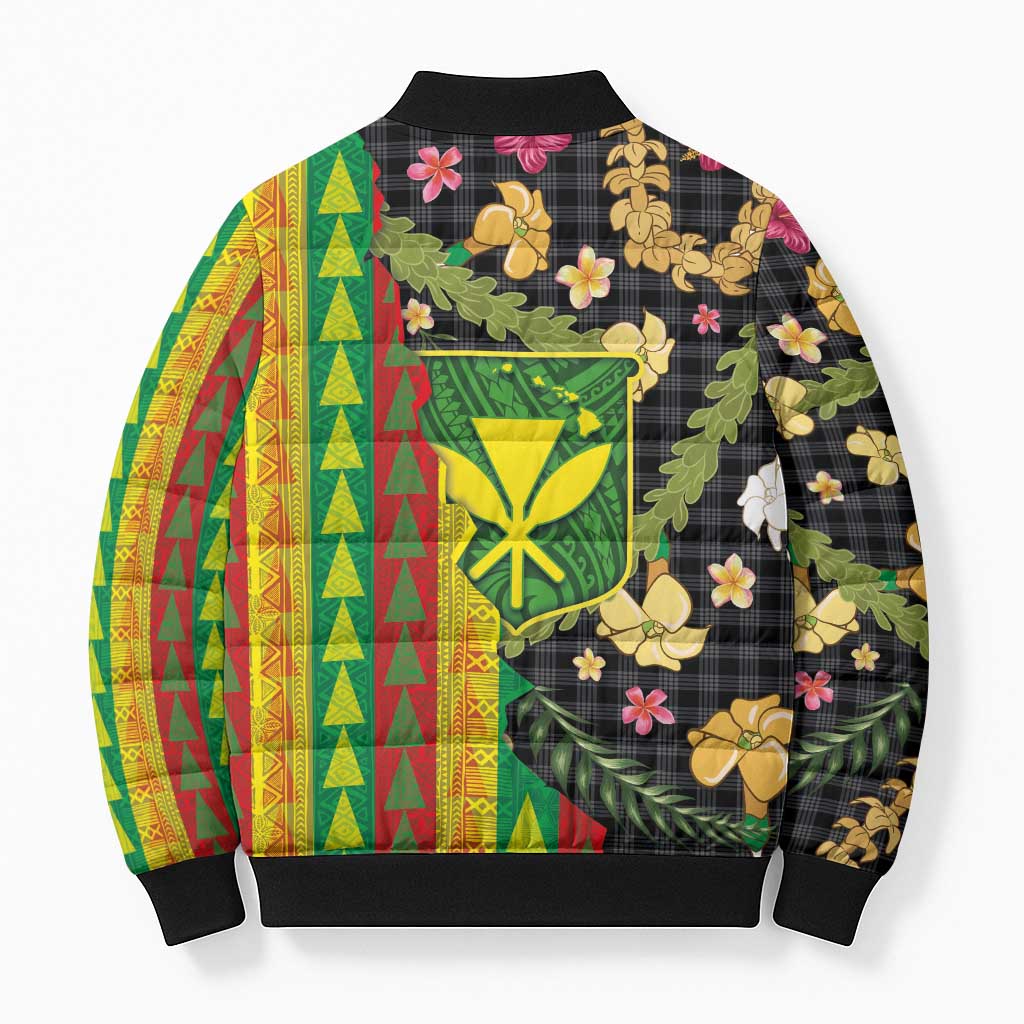 Hawaiian Tropical Plants Lei Bomber Puffer Jacket Kanaka Maoli Tribal with Palaka Motifs LT03 - Polynesian Pride