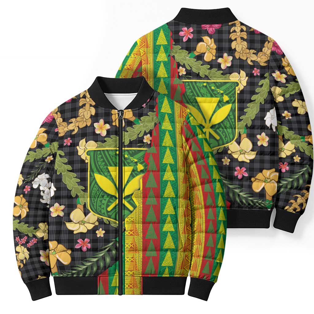 Hawaiian Tropical Plants Lei Bomber Puffer Jacket Kanaka Maoli Tribal with Palaka Motifs LT03 - Polynesian Pride